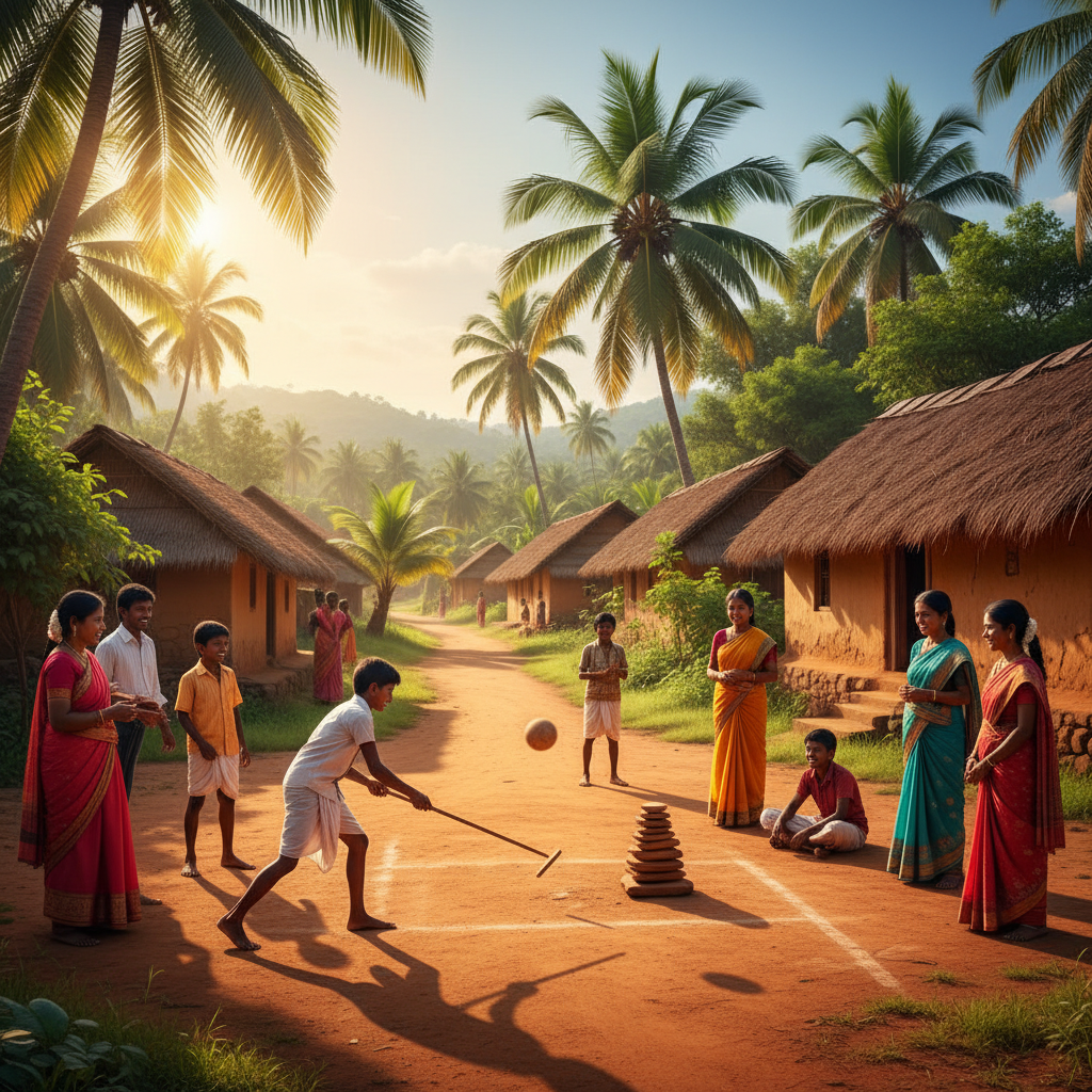 Children and adults playing traditional Karnataka village games like gilli-danda and lagori in a sunny rural setting